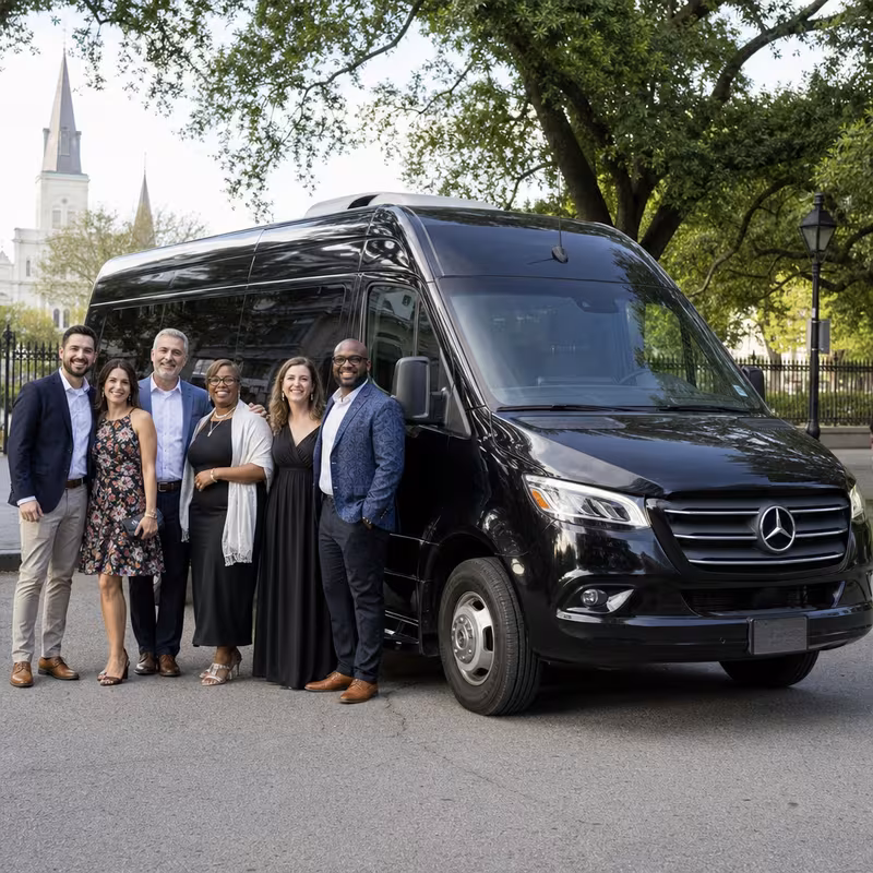 Group beside a Mercedes Sprinter limo from the New Orleans fleet