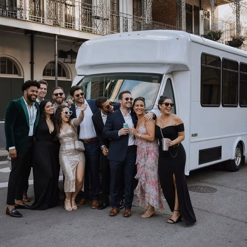 Black Mercedes Sprinter van staged for an New Orleans Bachelor & Bachelorette Transportation group