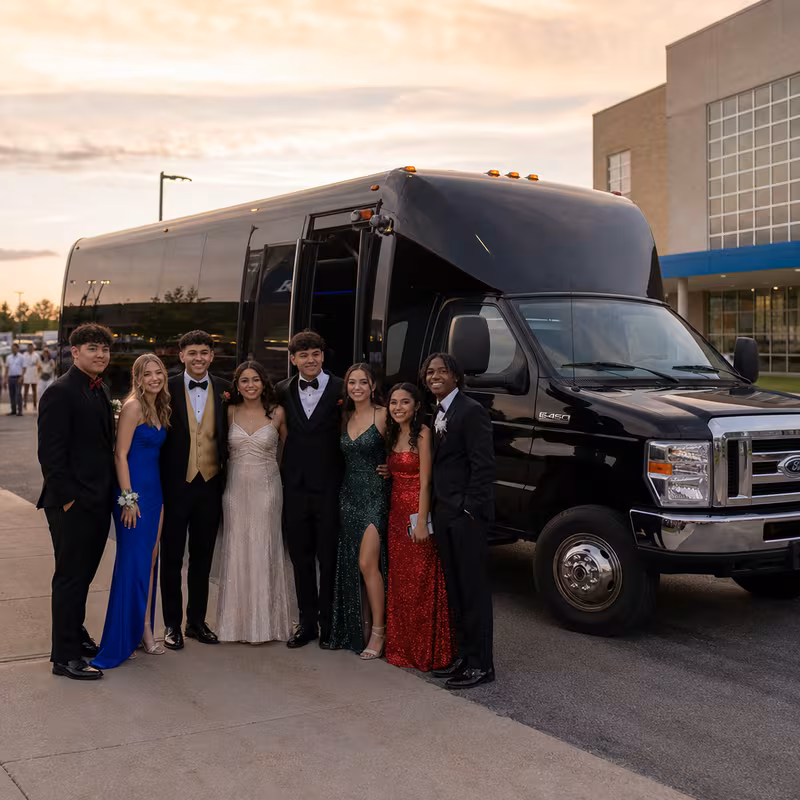 Group boarding a white charter bus for Prom & Homecoming Transportation transportation in New Orleans