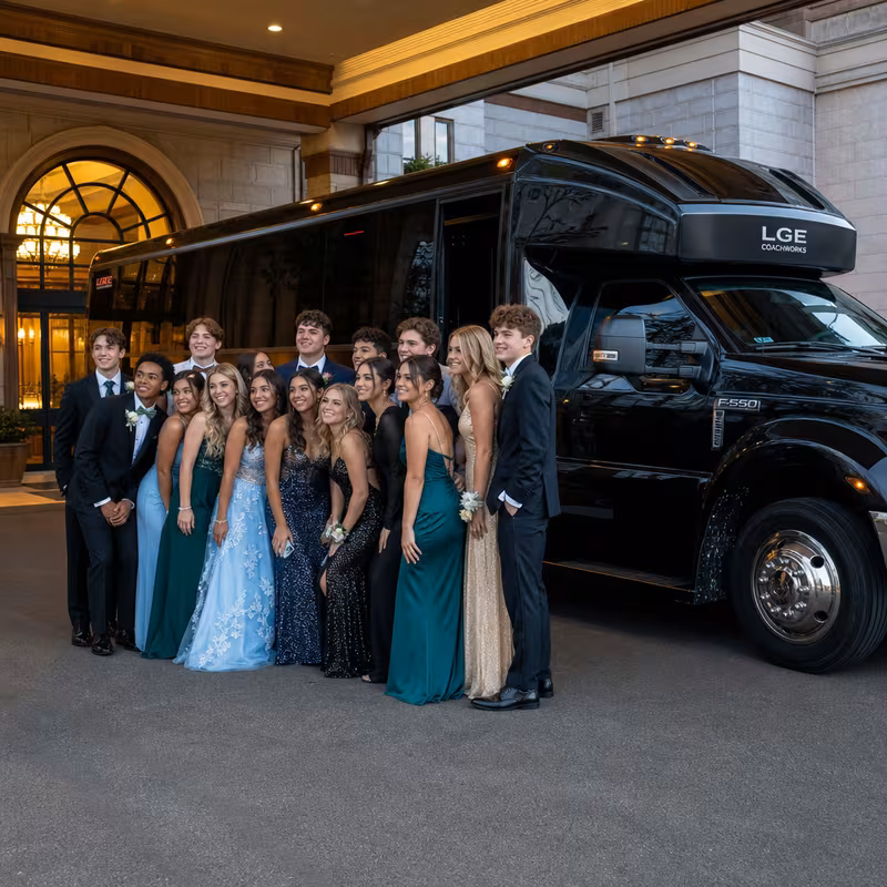 Party bus interior with wraparound leather seating and LED lighting in New Orleans