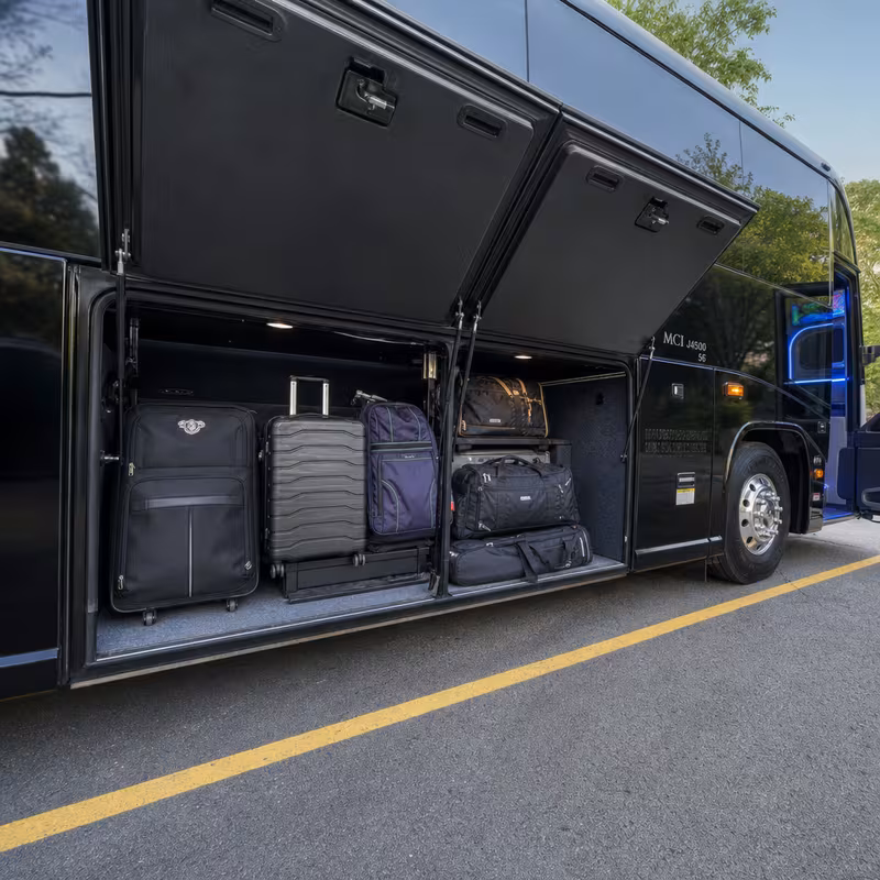 Party bus interior with wraparound leather seating and LED lighting in New Orleans