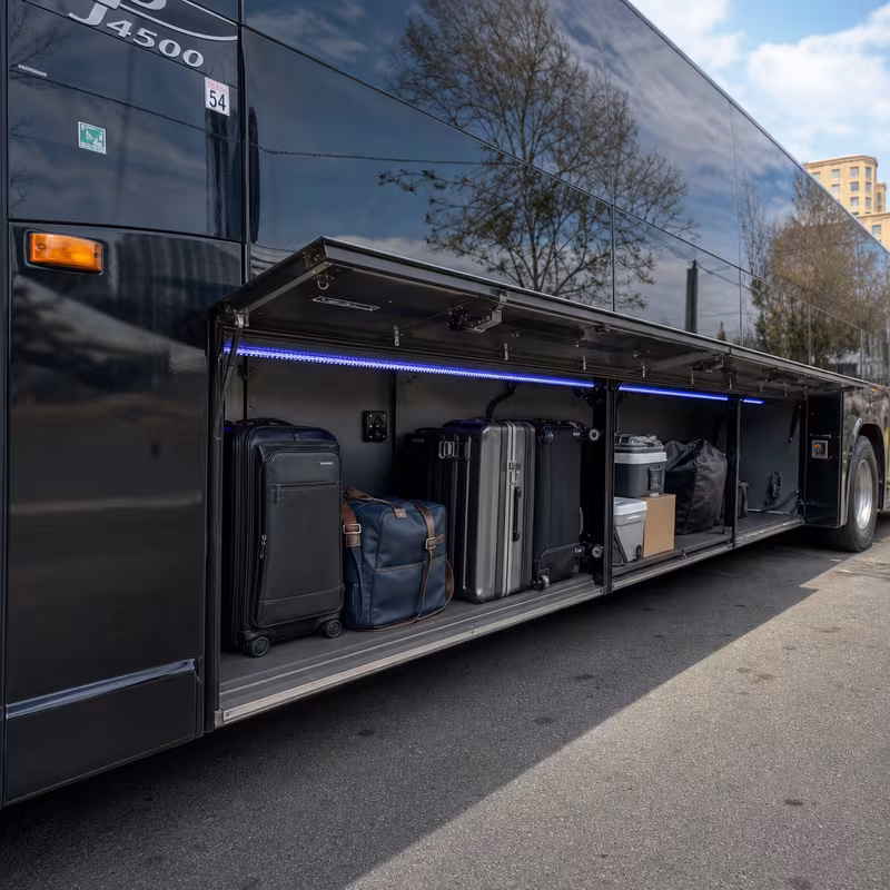 Party bus interior with wraparound leather seating and LED lighting in New Orleans